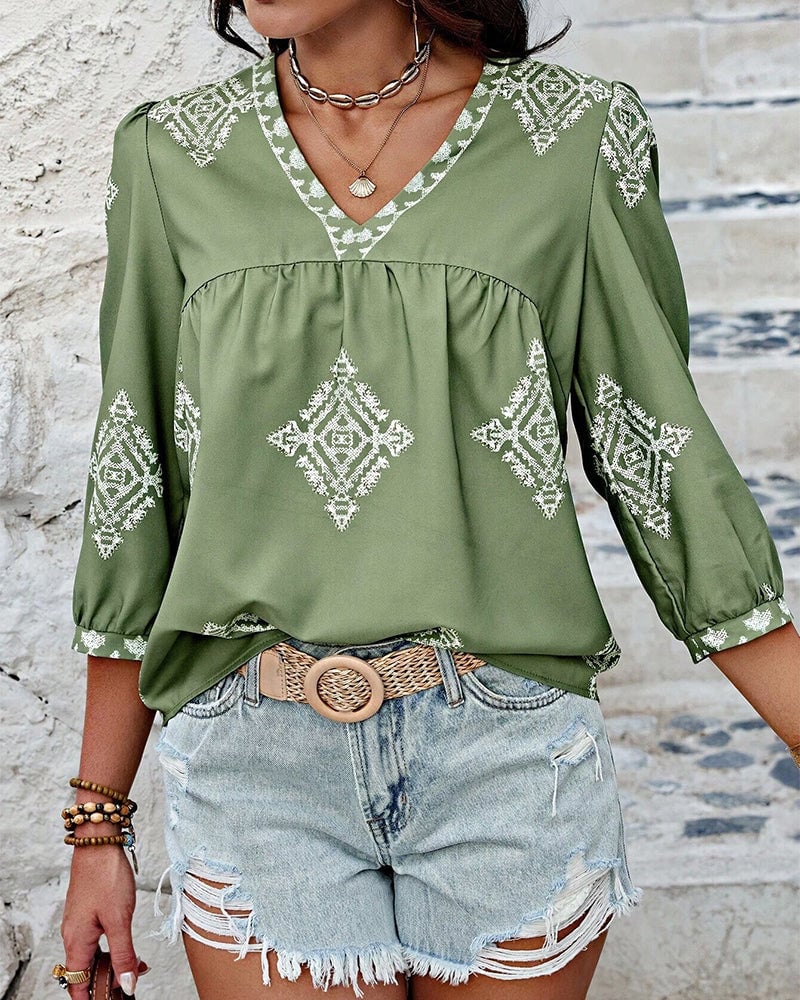 Blouse V-hals Diamantprint Driekwartmouwen