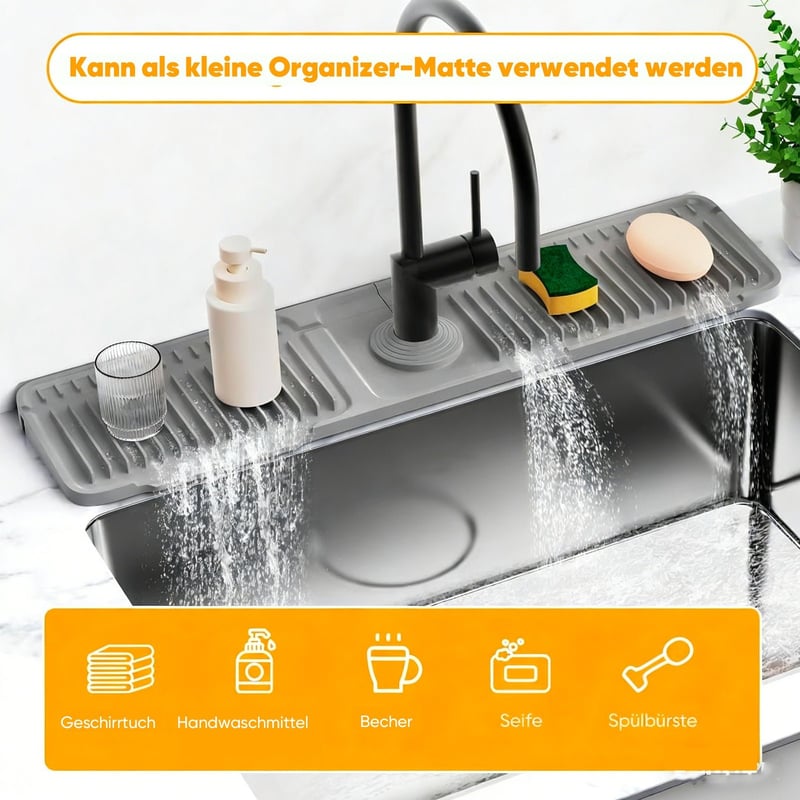 Abgewinkelte Spritzschutz-Matte für den Wasserhahn