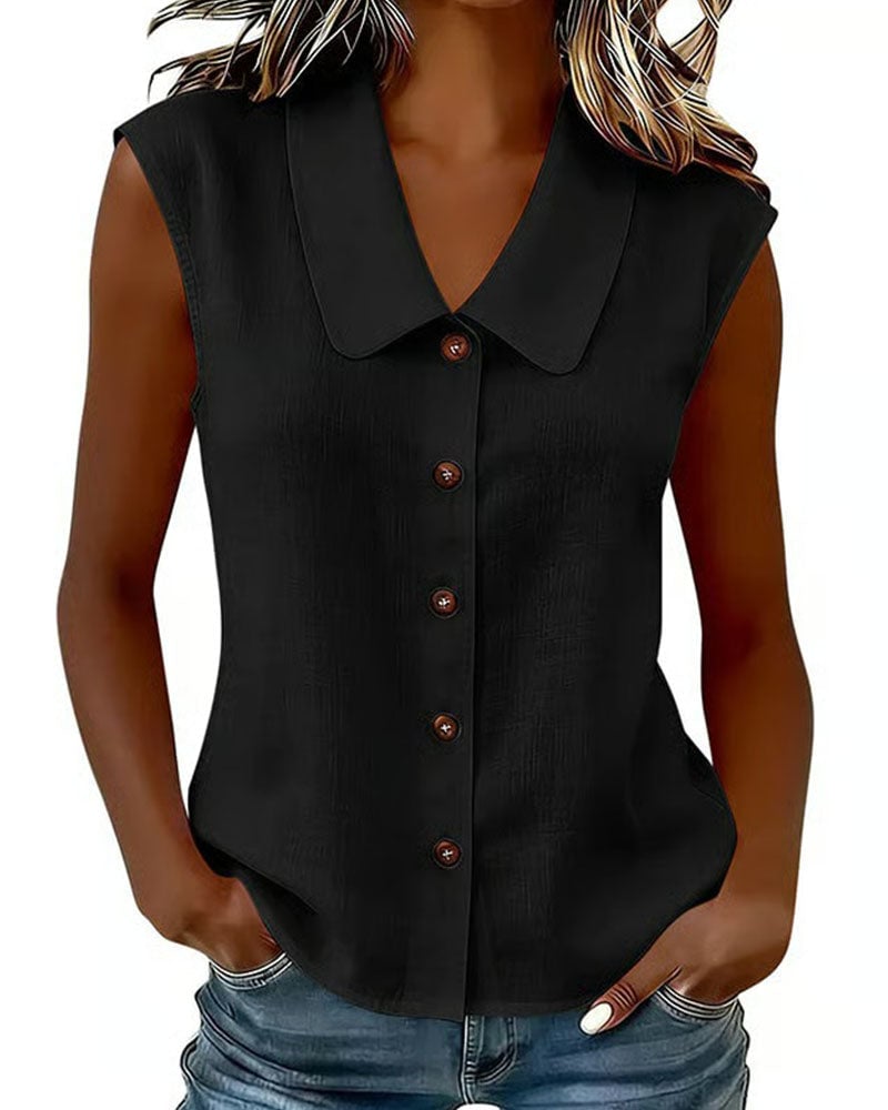 Sleeveless Lapel Linen-Cotton Shirt