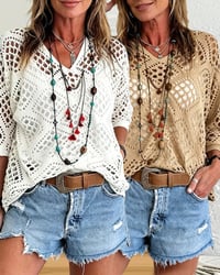Diamond-Patterned Openwork Loose Top Set