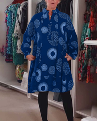 Geometric print lapel casual dress