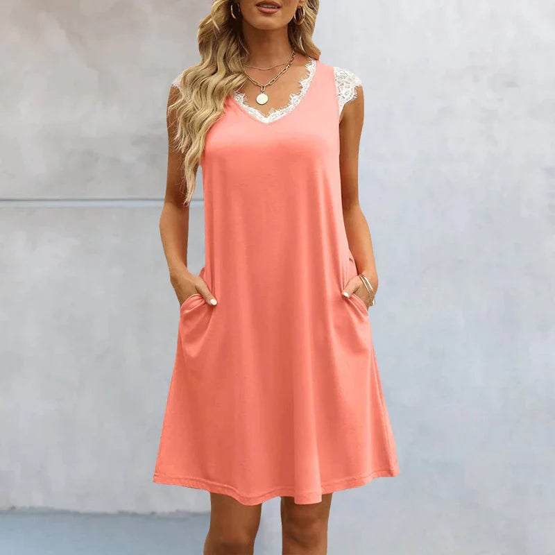 Summer Sleeveless V Neck Casual Lace Dresses with Pockets