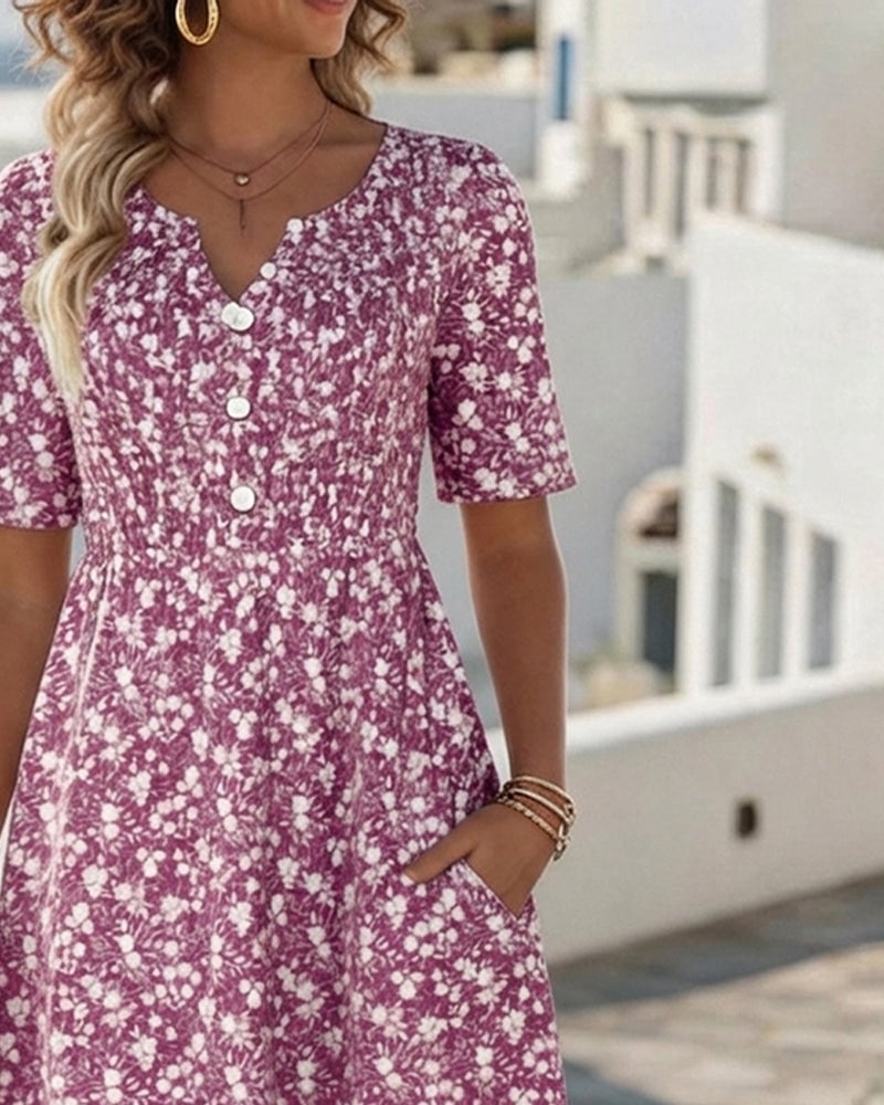 V-Neck Short-Sleeved Floral Dress