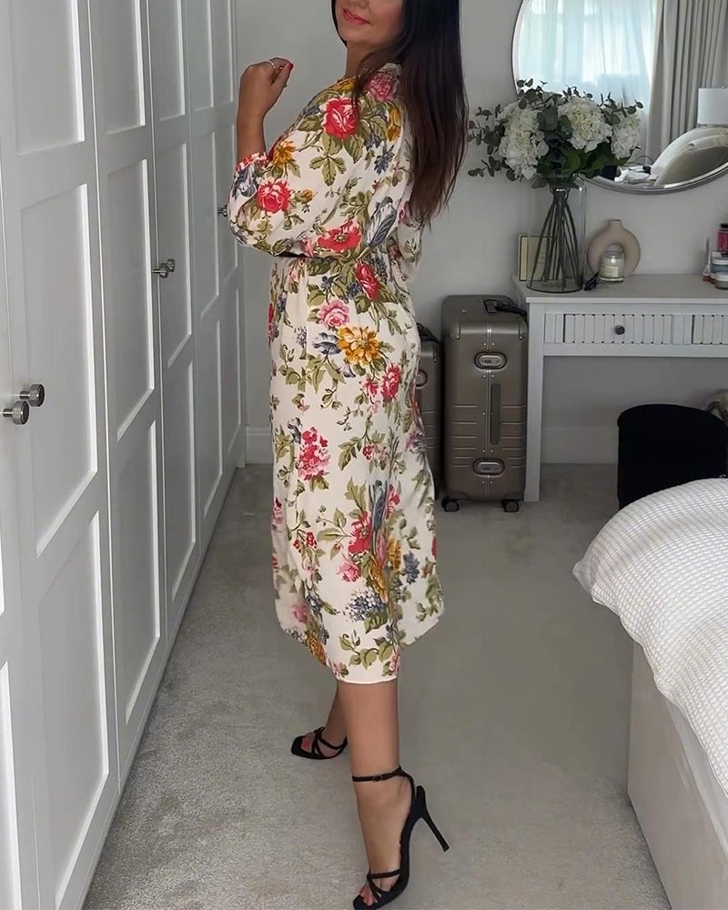 Elegant floral print V-neck button dress