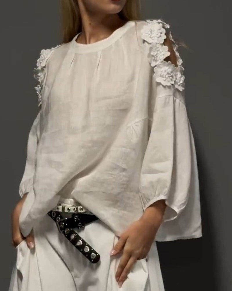 Crewneck Cut-Out Off-Shoulder 3D Floral Blouses
