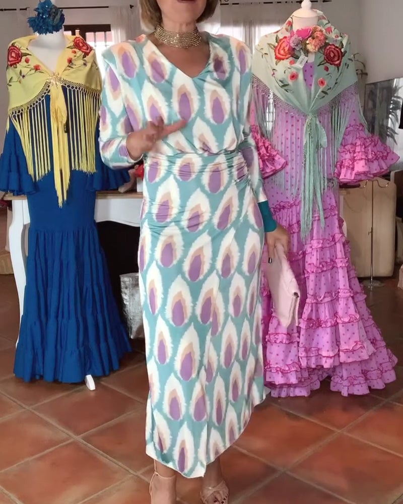 Elegant printed V-neck long-sleeve slim dress