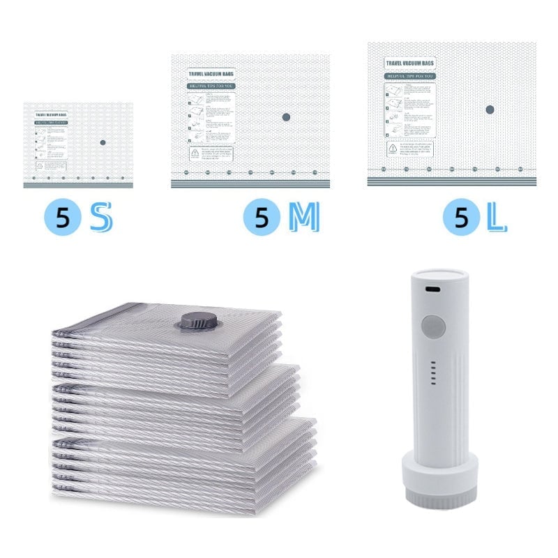 Cordless Travel Vacuum Bag Set (Rechargeable Pump + 15 Bags)