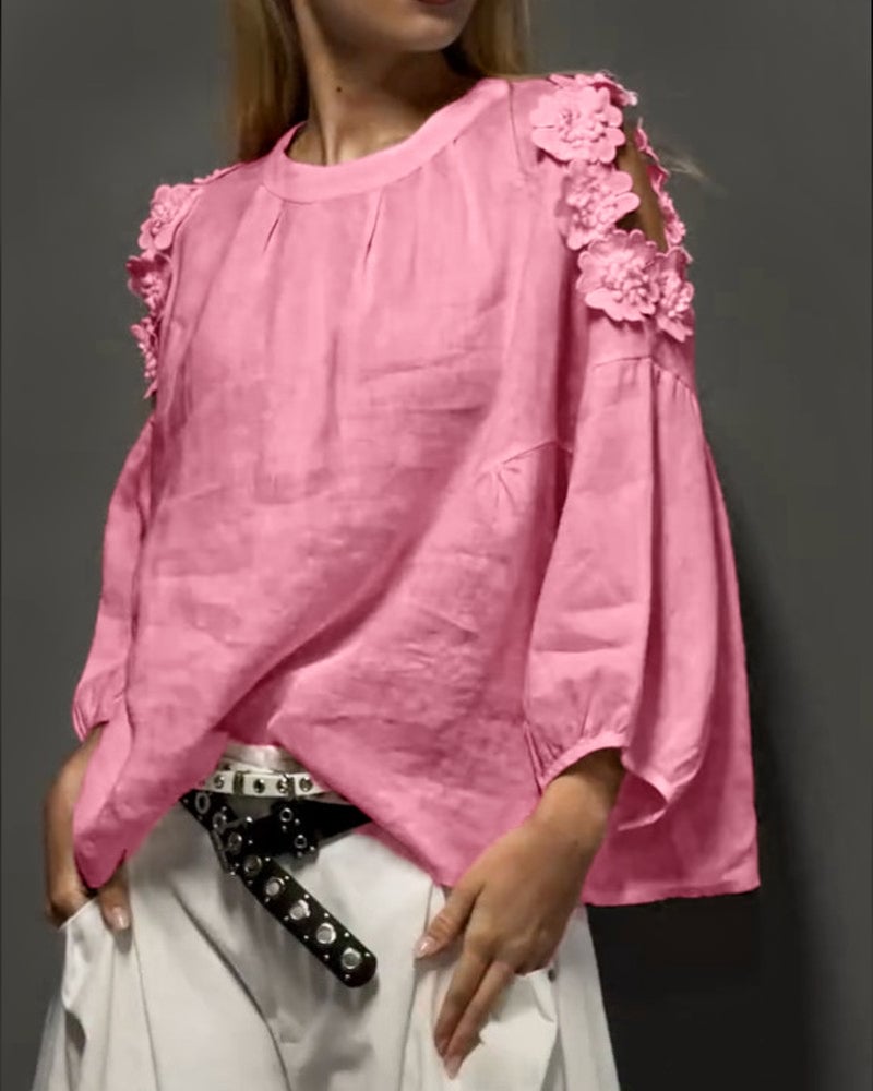 Crewneck Cut-Out Off-Shoulder 3D Floral Blouses