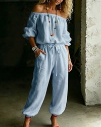 Off-Shoulder Tie Waist Cinched Waist Jumpsuit