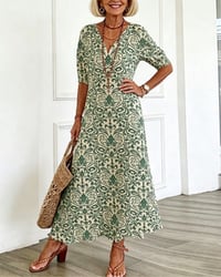 Klänning Vintage Blommönster V-Hals Maxi