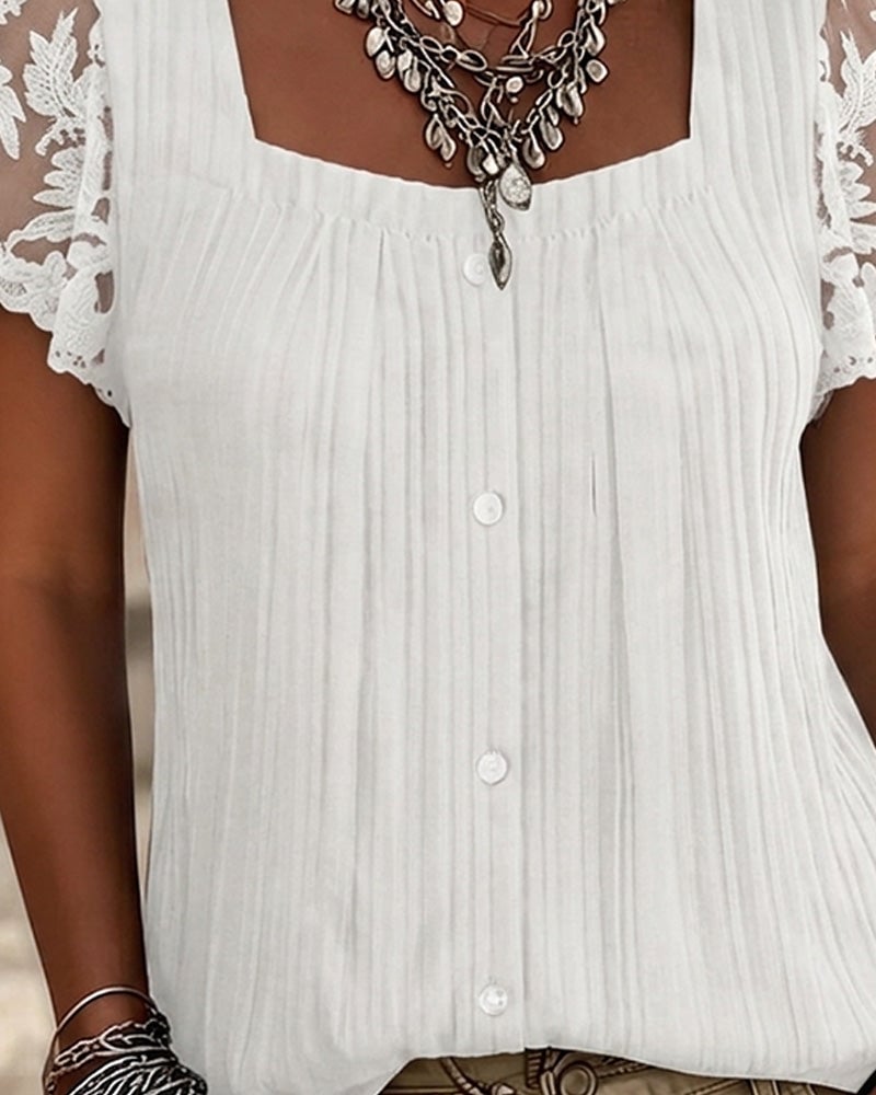 Square Neck Ribbed Lace Patchwork Blouse