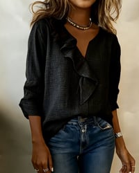 Ruffled Solid-Color Long-Sleeved Blouse