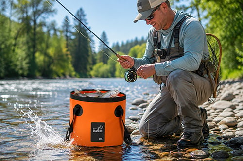 Customer using the portable folding water bucket