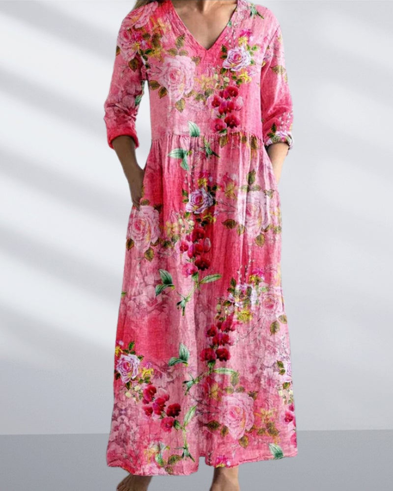 Elegant floral print V-neck pocket dress