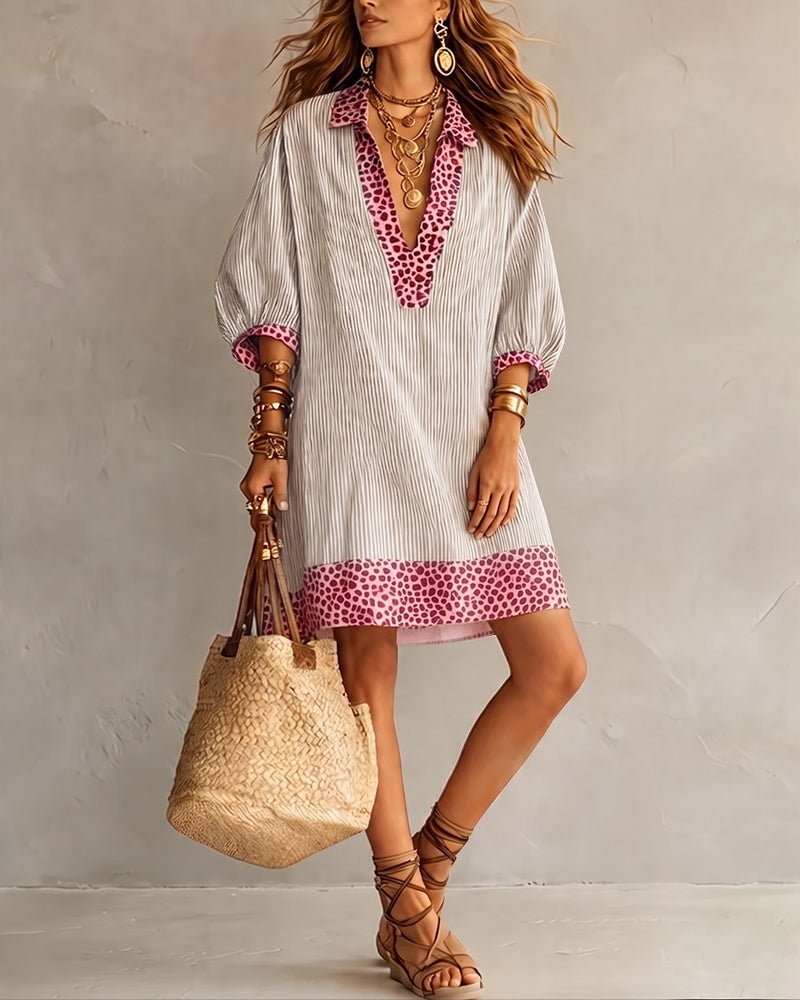 Leopard Print Panel Puff Sleeve Striped Shirt Dress