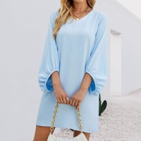 Solid Color V-Neck Puff Sleeve Loose Dress