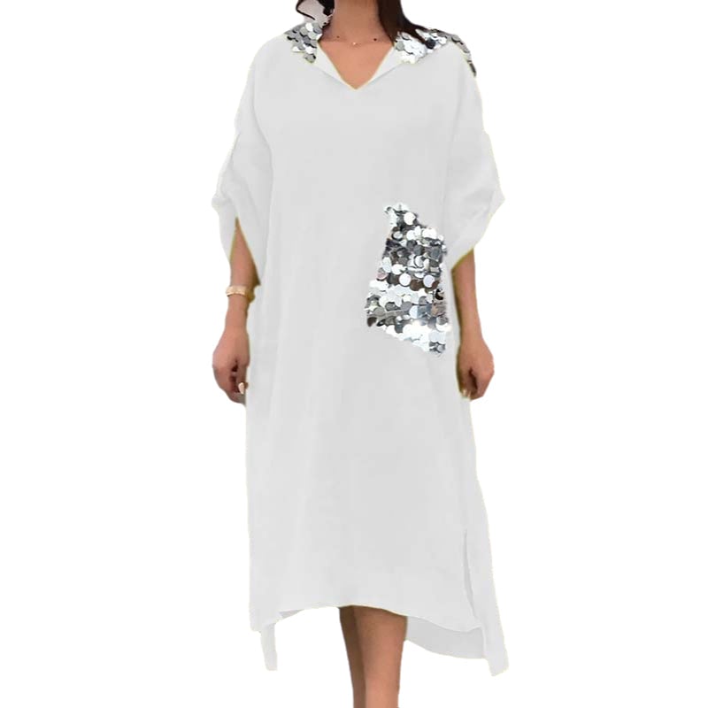 Maxi abito con cappuccio in paillettes a squame di pesce