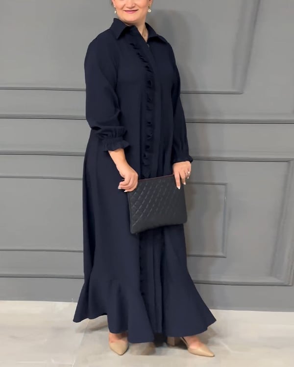 Lantern sleeve button ruffle shirt dress