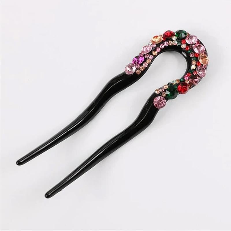 U-shape Crystal Rhinestone Double Prong Hair Pin Stick