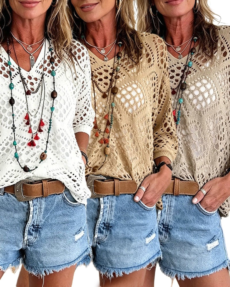 Diamond-Patterned Openwork Loose Top Set