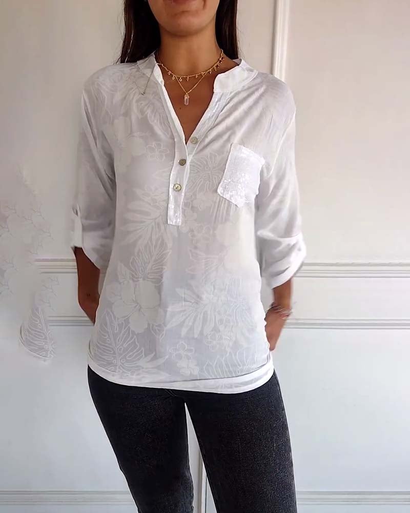 Patchwork sequined leaf print top