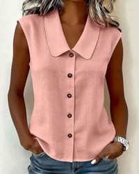 Sleeveless Lapel Linen-Cotton Shirt