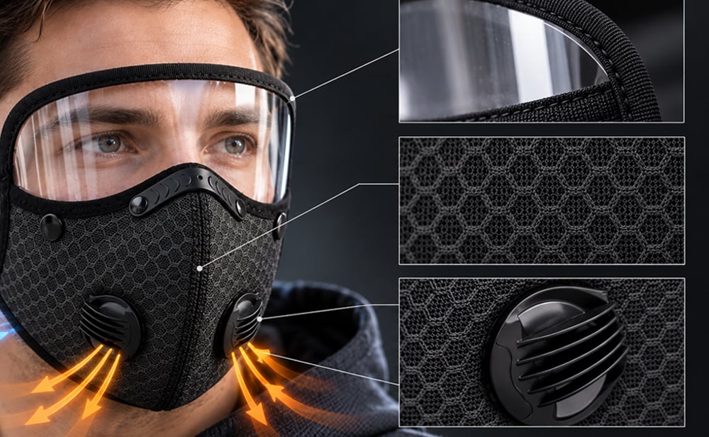 Close-up of the clear eye panel, mesh-pattern fabric, and dual breathing valves