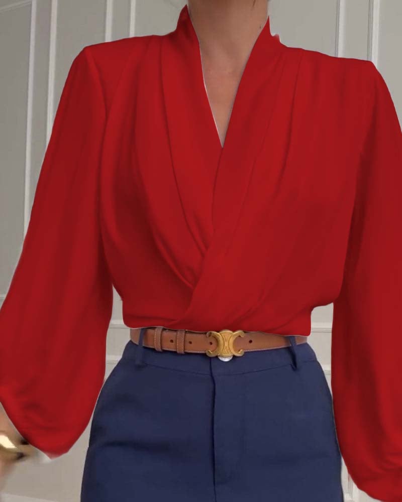 Fashion solid color V-neck lantern sleeve blouse
