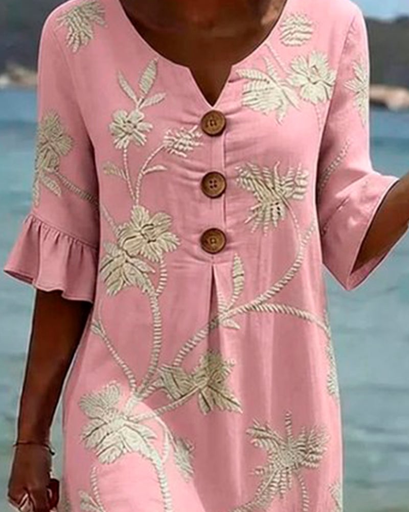 Petite V-Neck Ruffle Three-Quarter Sleeve Dress