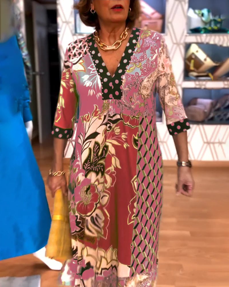 Robe au Col en V avec Impression Vintage et Découpe en Fente