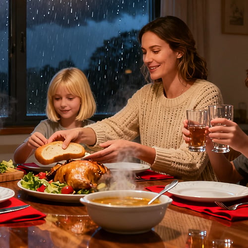 Emergency LED bulb keeping a family dining area lit during a blackout