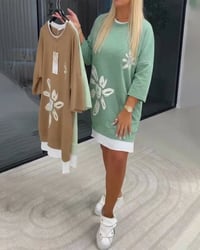 Crew Neck Printed Patchwork Sweatshirt Dress