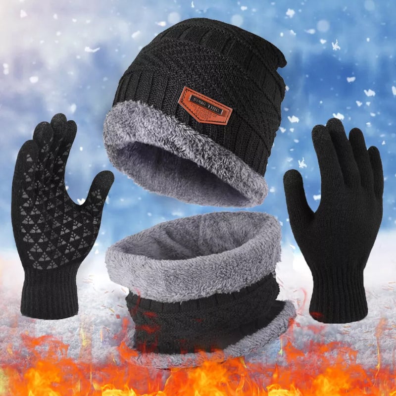 Knit Beanie Scarf and Gloves Warm 3-Piece Set