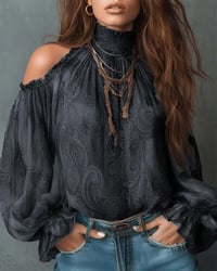 Printed Off-Shoulder Mandarin Collar Blouse
