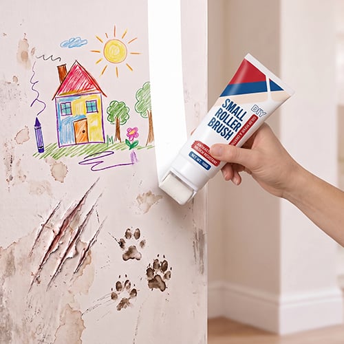 Wall repair roller covering children's drawings and wall scuffs