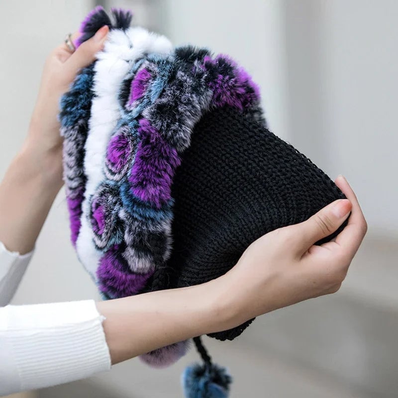 🎁Warme Blumen gestreifte Kaninchenfellmützen
