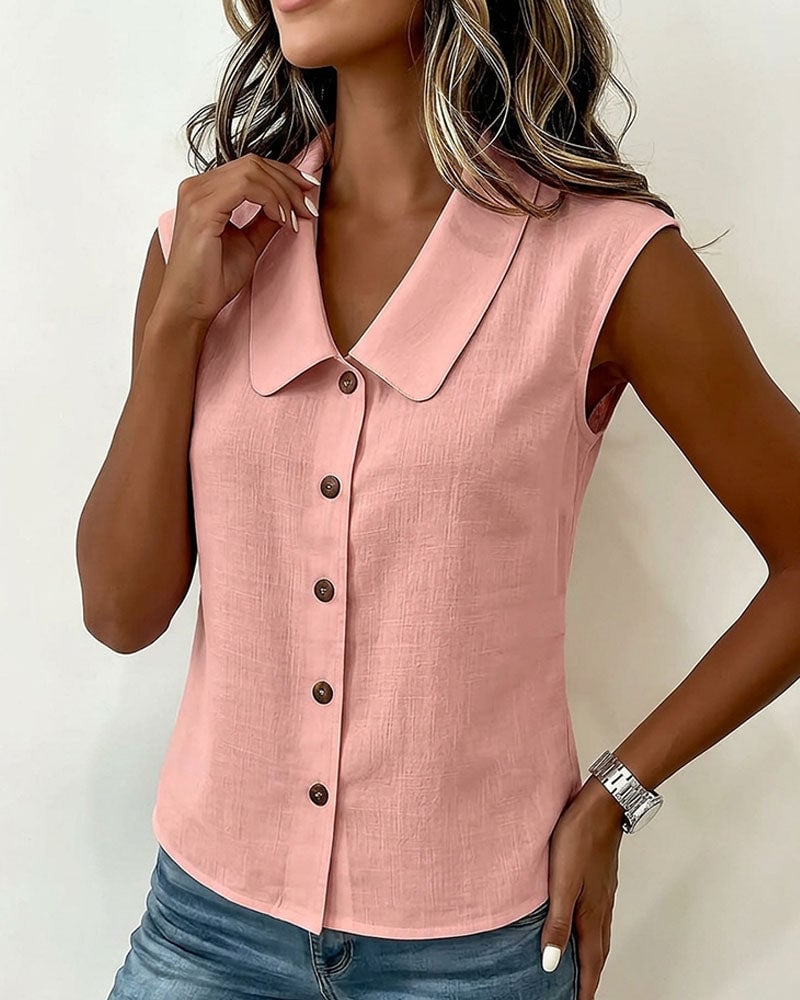 Sleeveless Lapel Linen-Cotton Shirt