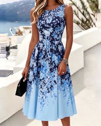 Sleeveless Crew Neck High Waist Printed Dress