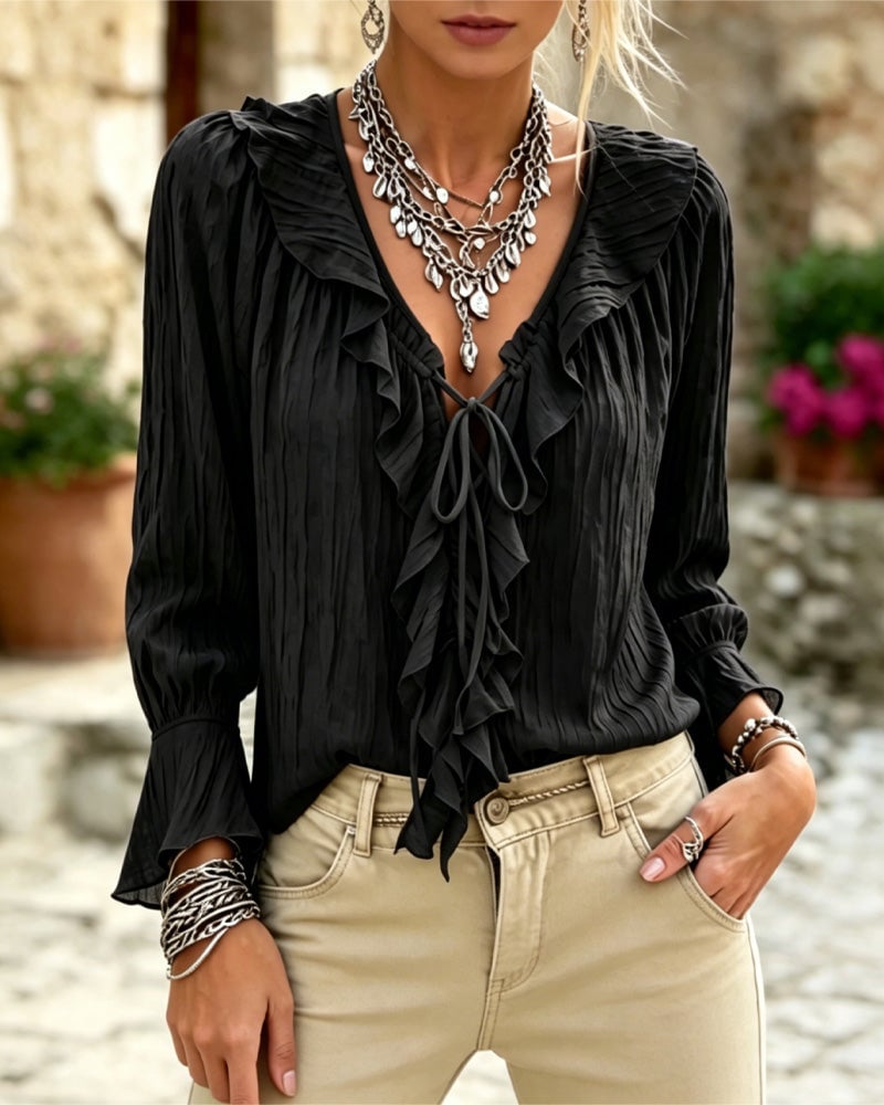 Ruffle Trim Lace-Up Long Sleeve Blouse
