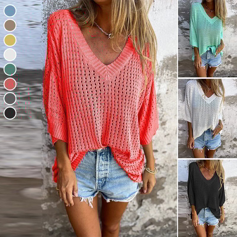 Strickoberteil mit V-Ausschnitt und Hohlsaum