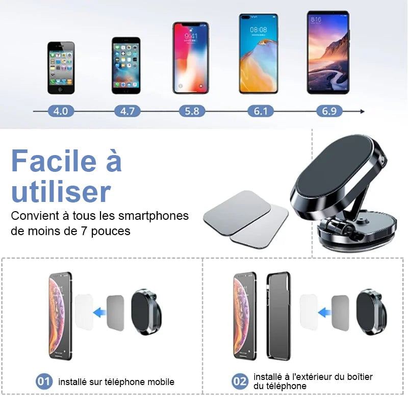 Support de téléphone magnétique pliable en alliage pour voiture