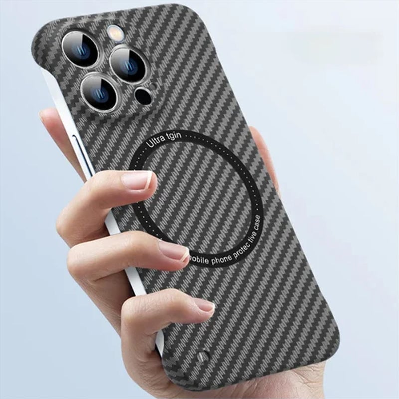 Struttura in fibra di carbonio senza cornice per custodia per iPhone con ricarica magnetica