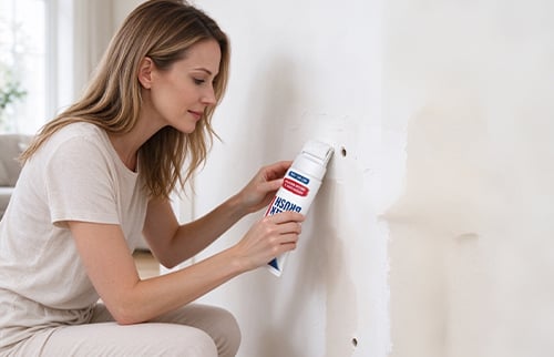 Woman using wall repair roller at home
