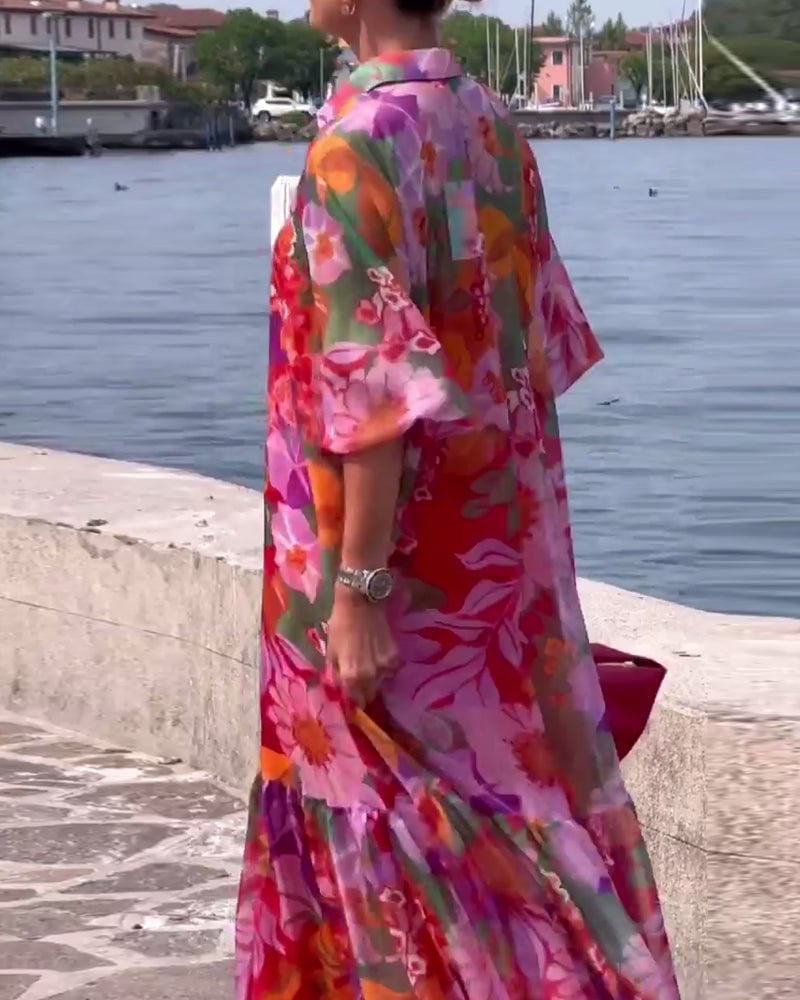 Colorful Printed Lantern Sleeve Loose Dress