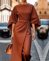 Elegant Lantern Sleeve Belt Dress