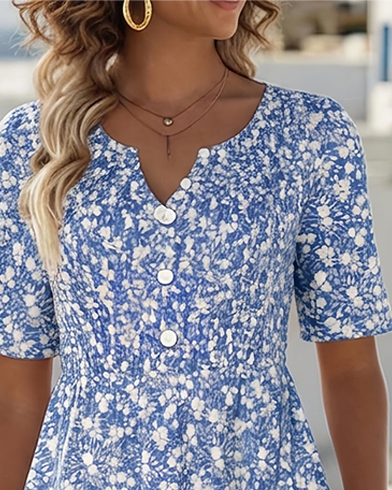 V-Neck Short-Sleeved Floral Dress