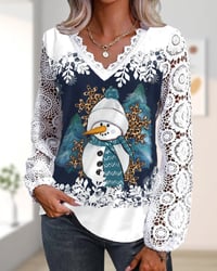 Bluse med blonde- og snemandsmønster