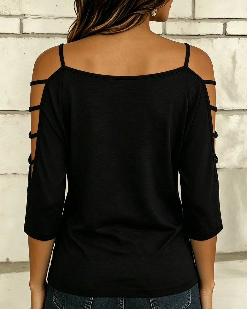 Solid Color Elbow-Length Sleeve Off-Shoulder T-Shirt