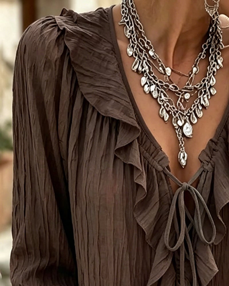 Ruffle Trim Lace-Up Long Sleeve Blouse
