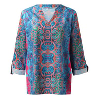 Women's Casual Boho Print V Neck Long Sleeve T-Shirt